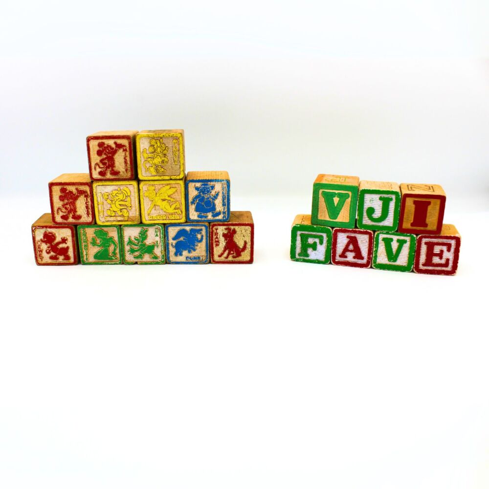Vintage Disney Alphabet Blocks Painted Wood Embossed Characters 11+ Piece Set